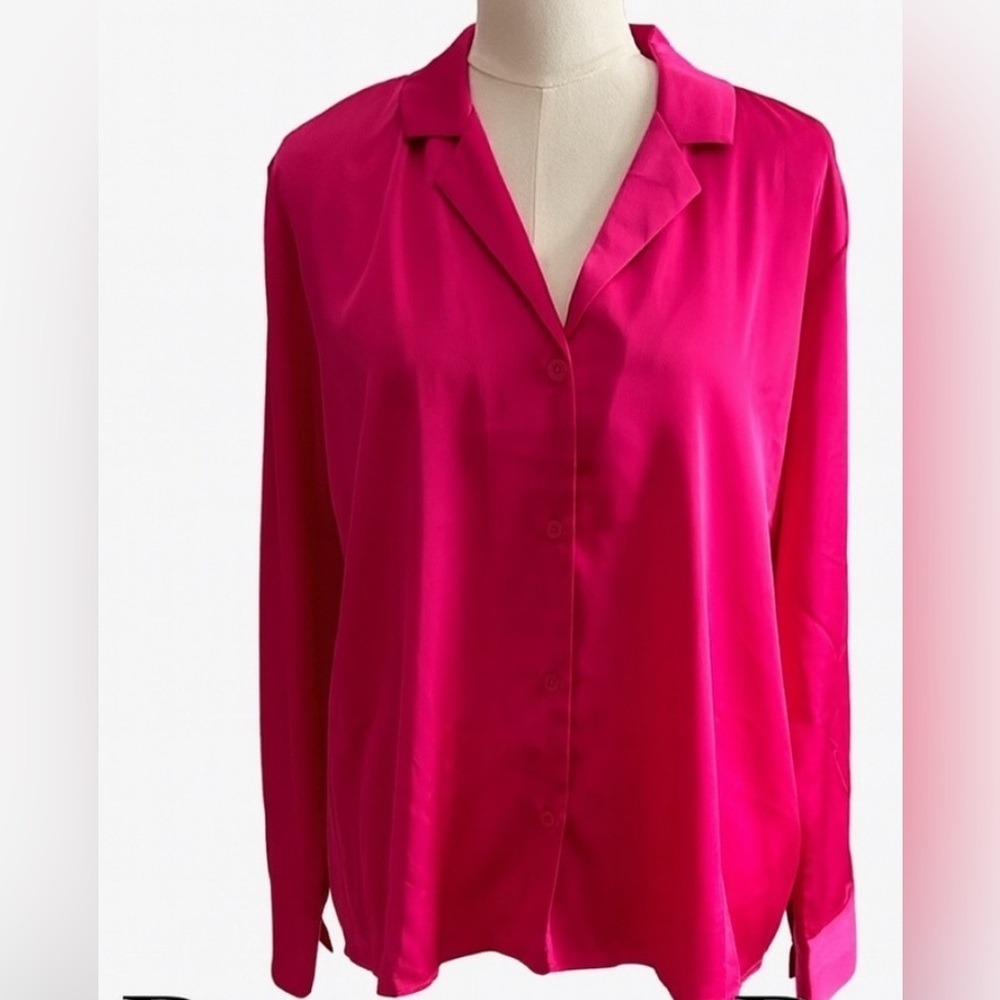 Rachel Roy Satin Blouse Large Hot Pink Fuchsia Button Up Long Sleeve
